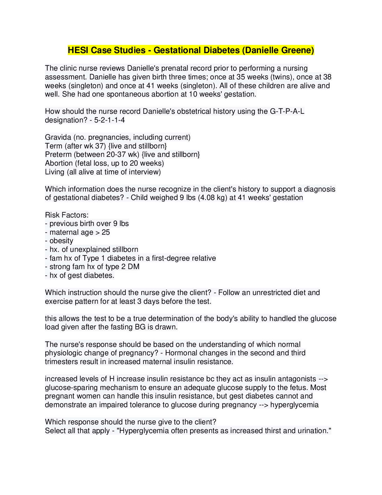Preview image for HESI case study (solved) Gestational Diabetes (Danielle Greene)_ April 2022.